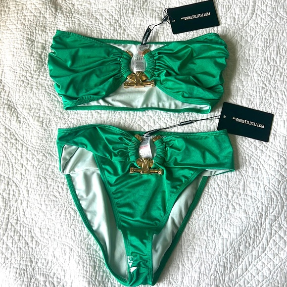 PrettyLittleThing Swim Nwt Hammered Trim Green Bikini Set